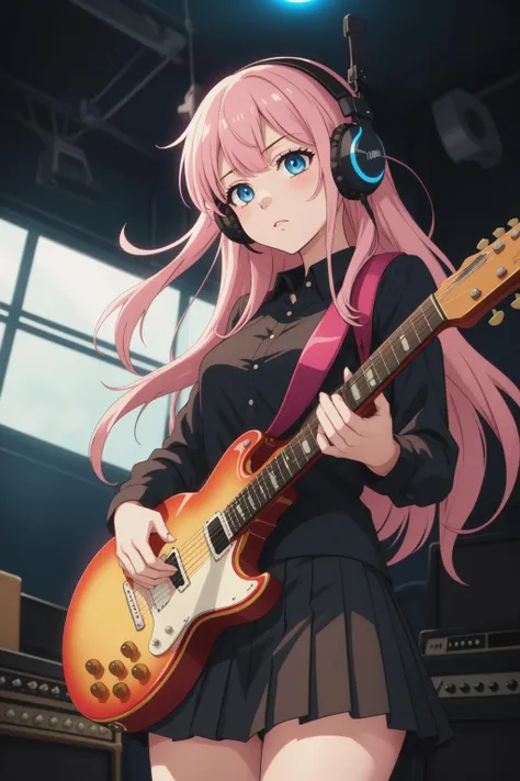 1girl, ((cinematic light)), colorful, dramatic light, High contrast, (girl:1.5), solo, black skirt, blue eyes, electric guitar, guitar, headphones, holding, holding plectrum, instrument, long hair, music, one side up, pink hair, playing guiter, pleated skirt, black shirt, indoors ((caustic)), dynamic angle, beautiful glow, cowboy shot, 2d, (anime), detailed, illustration, intricate