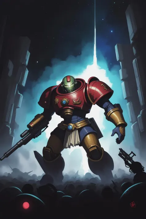 Drawing inspiration from modern masters like Yoshitaka Amano, Katsuya Terada, moebius inspired metal hurlant art In the middle of a chaotic skirmish, a space marine takes a defensive stance, unloading rounds from his boltgun into the advancing alien horde, warhammer 40000, the contrast in colors and textures should be distinct surreal, vibrant yet slightly desaturated, dramatic lighting, sense of motion, grainy texture, retro-futuristic, deep digital painting layers, fluid watercolor techniques, soft ambient lighting, vibrant colors, subtle emotional nuances, 2d, (anime), detailed, illustration, intricate