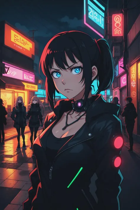 1girl, closeup, upper body, cyberpunk, disdain, sidewalk, neon lights, (night, dark, darkness), hard shadows, 2d, (anime), detailed, illustration, intricate