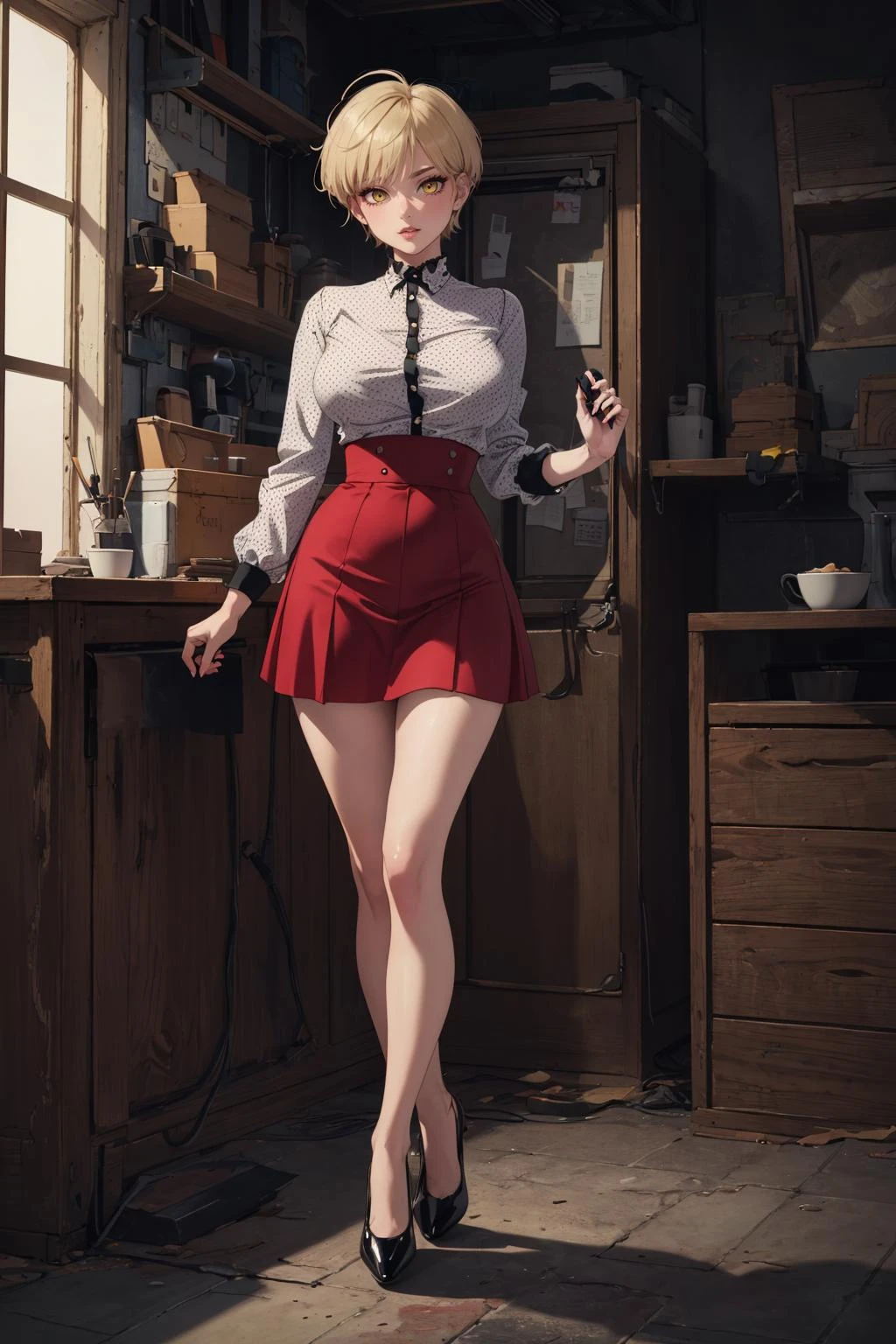 ((masterpiece)), (best quality), official art, extremely detailed CG, unity 8k wallpaper, ultra detailed,
marina ba, yellow eyes, blonde hair, short hair,large breasts,
Retro-Rockabilly: High-waisted skirt, polka-dot blouse, and pumps.,
full body, sexy pose,
<lora:marina by Goofy Ai:0.8>