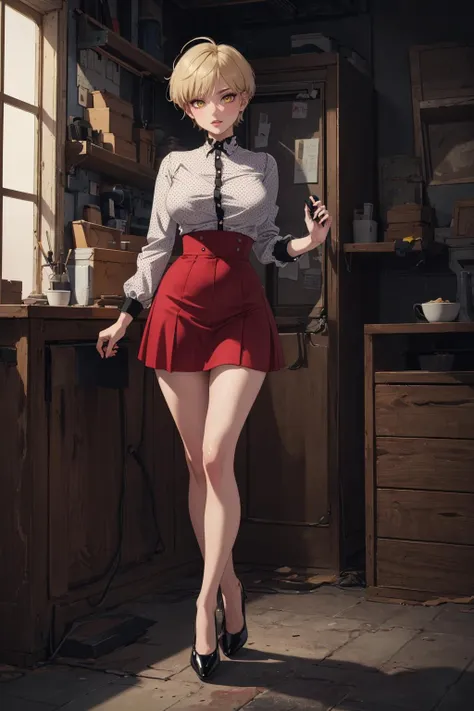 ((masterpiece)), (best quality), official art, extremely detailed CG, unity 8k wallpaper, ultra detailed,
marina ba, yellow eyes, blonde hair, short hair,large breasts, 
Retro-Rockabilly: High-waisted skirt, polka-dot blouse, and pumps., 
full body, sexy pose, 
 <lora:marina by Goofy Ai:0.8>