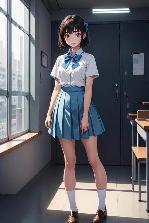 ((masterpiece)), (best quality), official art, extremely detailed CG, unity 8k wallpaper, ultra detailed, 
1girl, uniforn, cnhs, junior studnet, philippine uniform, asian uniform, light blue skirt, skirt, tiny bow, 
full body, 
 <lora:CNHS  Student:0.8>