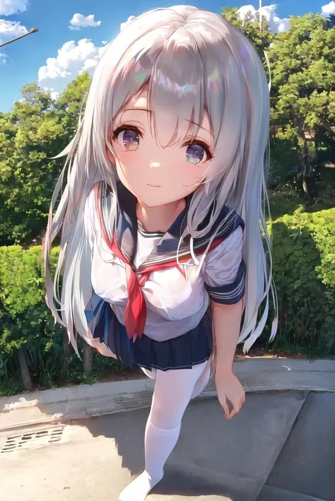 (Highest picture quality), (Master's work), (Detailed eye description), (8K wallpaper),(Detailed face description),
(imid shot:0.95), (full body:1.25),(solo:1.4),(1girl:1.2),,standing on one legs,cute and beautiful,very long hair,floating hair
,(((school uniform))),(((white legwear))),(((see-through))),nature