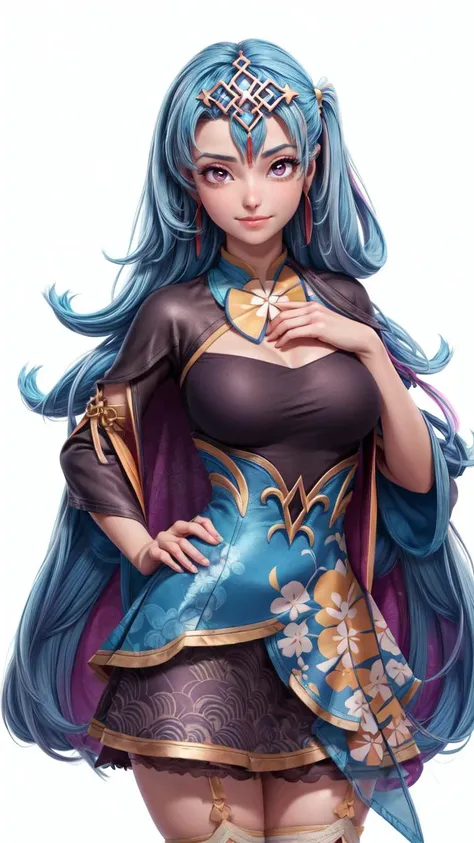 (1girl, solo, masterpiece, 4k, best quality:1.2, (cowboy shot), best quality:1.2, NICE HANDS, COLORFUL, (perfect hands, perfect anatomy)),
e7Lua, hair ornament, earrings, chinese clothes, dress, tight dress, high stocking,
((medium breasts, big hips, looking at the viewer)), sexy toon,
((simple background, white background)), <lora:GoodHands-vanilla:0.7>