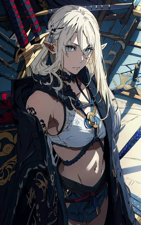 (original), (very detailed wallpaper), very detailed illustrations, absurdity, (delicate face) , perfect detail, 1girl, bangs, blue_eyes, blue tattoo on face, blue mark on face, closed_mouth, elf, jacket, long_hair, looking_at_viewer, navel, open_clothes, pointy_ears, solo, <lora:beatrix:0.85>, cloack, coat, samurai sword at hips, Katana at hips, uchigatana at hips,