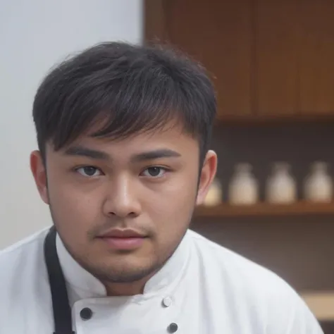 masterpiece,(best quality:1.3),ultra high res,raw photo,detailed skin,style: realistic pictures,, <lora:dogking:0.45>,hotdogking, Capture the lively scene of a chubby Western chef cooking in a kitchen. The chef should be hyper-realistic, with a high level of detail and resolution. The focus should be on the chef, his expressive face, and his hands skillfully preparing the food. The lighting should be bright and warm, highlighting the chef and the food he's preparing. The colors should be rich and appetizing, with the chef's outfit contrasting with the colorful ingredients and the stainless steel of the kitchen. The composition should be a mid-shot, capturing the chef and his cooking in sharp detail. Use a high-quality camera with a fast shutter speed to capture the moment