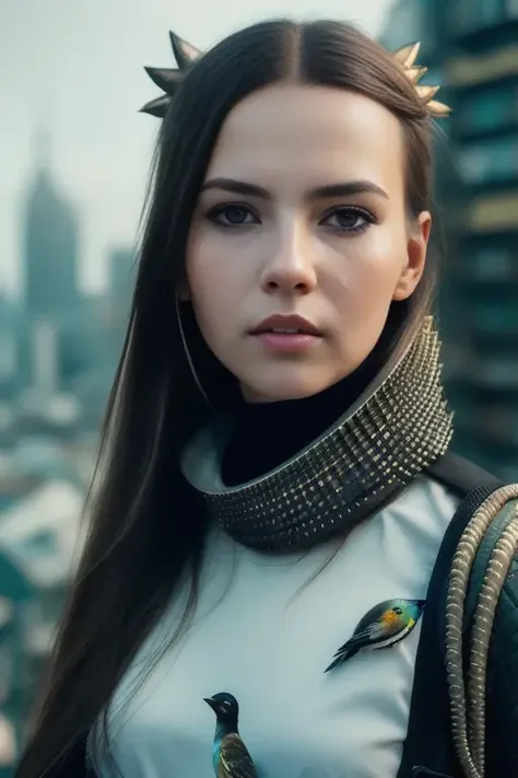 photo of YuliyaIvanova (front to camera), detailed european face, (aspiring facial expression), (((birdpunk style close))), ((birdpunk city on the background)), RAW, analog style, ultra detailed photograph, cinematic lighting, artstation, 4k, sharp focus, high resolution, detailed skin, detailed eyes <lora:YuliyaIvanova:0.9>
