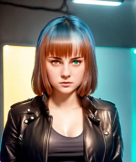 girl empresshacker, head and shoulders portrait, masterpiece, subtle muted natural color, in a leather jacket, in detailed hacker room, neon lights, (photo realistic natural RAW lighting, 8k, hdr, RAW photo, best quality:1.2)