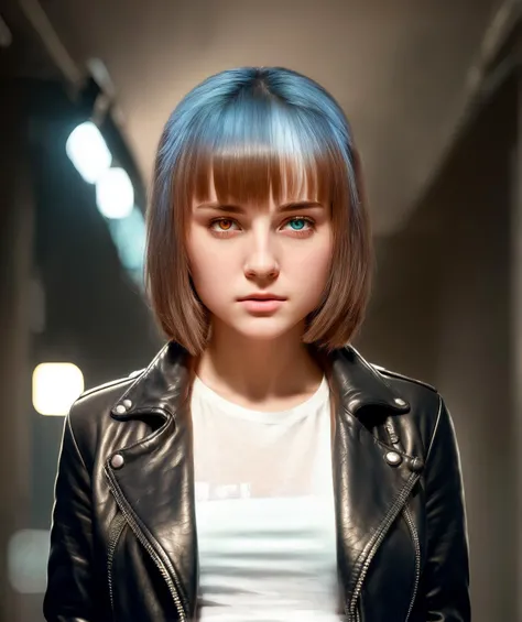 girl empresshacker, head and shoulders portrait, masterpiece, subtle muted natural color, in a leather jacket, in detailed hacker underground, neon lights, (photo realistic natural RAW lighting, 8k, hdr, RAW photo, best quality:1.2)