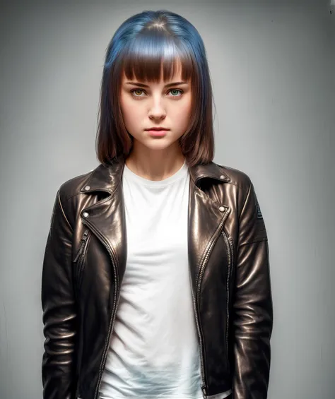 girl empresshacker, head and shoulders portrait, subtle muted natural color, masterpiece, (photo realistic natural RAW lighting, photo realistic high detailed RAW color, 8k, hdr, dslr, RAW photo, best quality:1.2), in a leather jacket, in hacker room