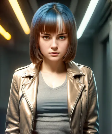 girl empresshacker, head and shoulders portrait, masterpiece, subtle muted natural color, in a leather jacket, in detailed hacker room, neon lights, (photo realistic natural RAW lighting, 8k, hdr, RAW photo, best quality:1.2)