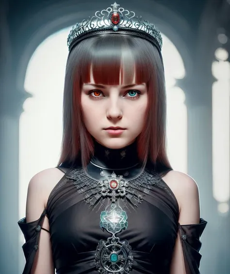 girl empresshacker empress hacker, head and shoulders portrait, tiara on head, sci-fi gothic palace, masterpiece, subtle muted natural color, (photo realistic natural RAW lighting, 8k, hdr, RAW photo, best quality:1.2), [[red hair]]