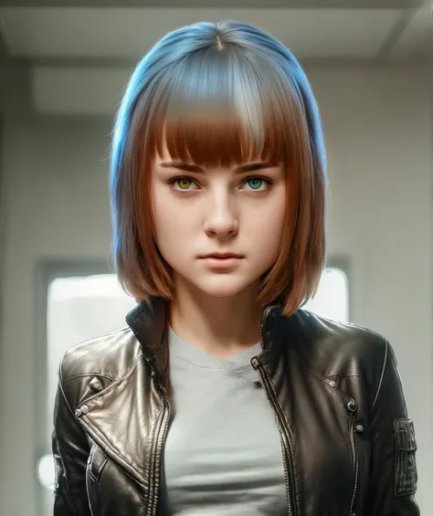 girl gamer empresshacker, head and shoulders portrait, subtle muted natural color, masterpiece, (photo realistic natural RAW lighting, photo realistic high detailed RAW color, 8k, hdr, dslr, RAW photo, best quality:1.2), in a leather jacket, in detailed hacker gamer room