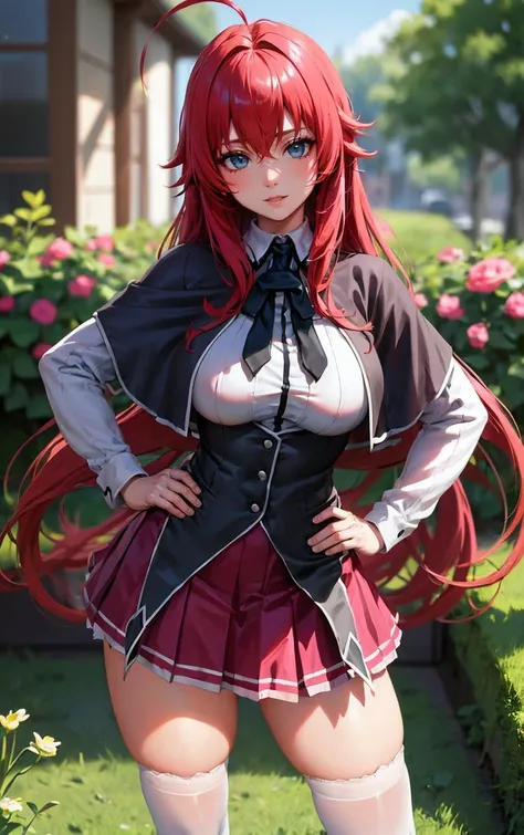 ((masterpiece, best quality)), insaneres, absurdres, solo, looking at viewer, 
ANIME_DxD_Rias_Gremory_ownwaifu, 
1girl, bangs, long hair, red hair, breasts, large breasts, rias gremory, blue eyes, hair between eyes, very long hair, collarbone, hair intakes,  hair over breasts, 
black capelet, black corset, collared shirt, kuoh academy school uniform, layered skirt, underbust, school uniform, skirt, shirt, long sleeves, purple skirt, ribbon, miniskirt, neck ribbon, thighhighs, black ribbon, 
(contrapposto, hand on hip)<lora:ANIME_DxD_Rias_Gremory_ownwaifu:1>,
 depth of field, vanishing point, garden, sidelighting,