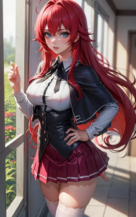 ((masterpiece, best quality)), insaneres, absurdres, solo, looking at viewer,
ANIME_DxD_Rias_Gremory_ownwaifu,
1girl, bangs, long hair, red hair, breasts, large breasts, rias gremory, blue eyes, hair between eyes, very long hair, collarbone, hair intakes, hair over breasts,
black capelet, black corset, collared shirt, kuoh academy school uniform, layered skirt, underbust, school uniform, skirt, shirt, long sleeves, purple skirt, ribbon, miniskirt, neck ribbon, thighhighs, black ribbon,
(portrait, close-up)<lora:ANIME_DxD_Rias_Gremory_ownwaifu:0.8>,
depth of field, vanishing point, garden, sidelighting,