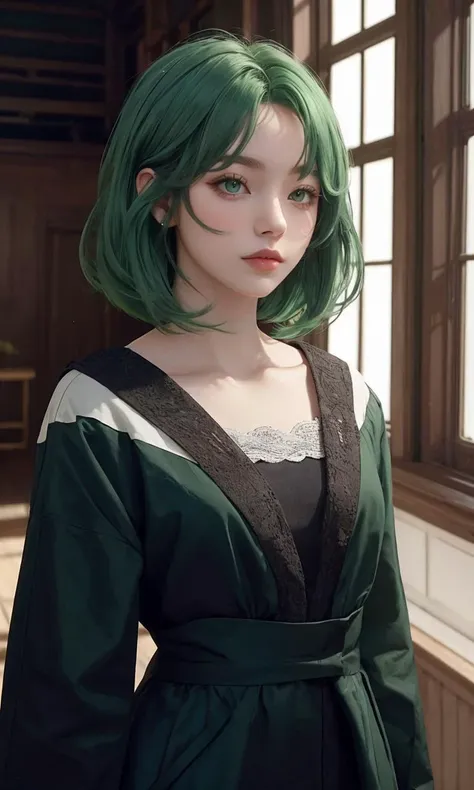 lbobh2024, 1 girl, best quality, masterpiece, cinematic lighting, long bob hairstyle, green hair, pale skin,