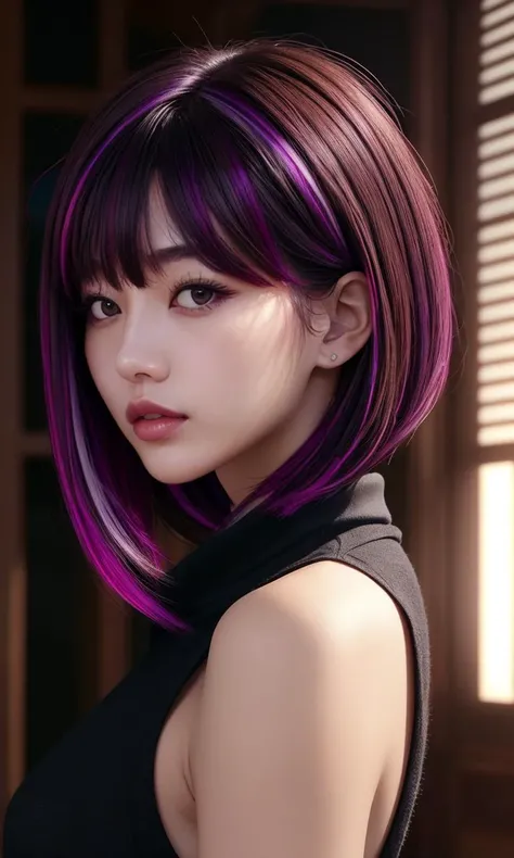 lbobh2024, 1 girl, best quality, masterpiece, photorealistic, raw image. cinematic lighting, long bob hairstyle, brown hair, purple streaked hair, asian, korean