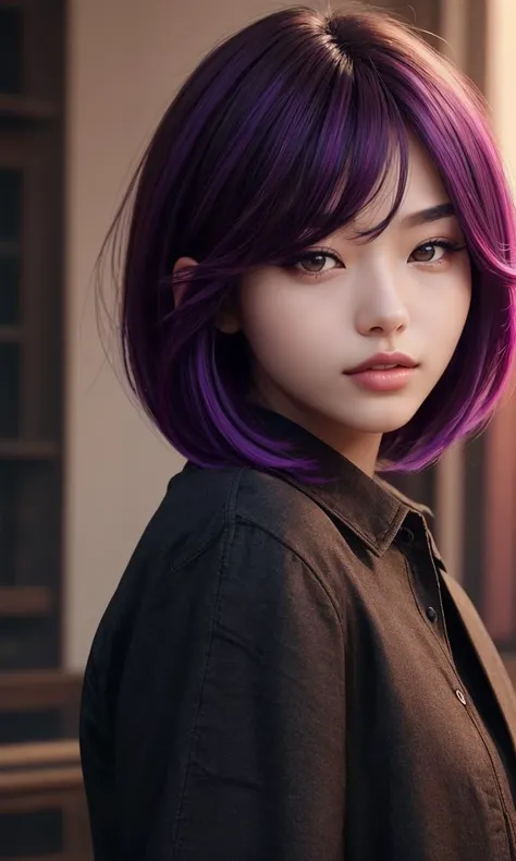 lbobh2024, 1 girl, best quality, masterpiece, photorealistic, raw image. cinematic lighting, long bob hairstyle, brown hair, purple streaked hair, asian, korean