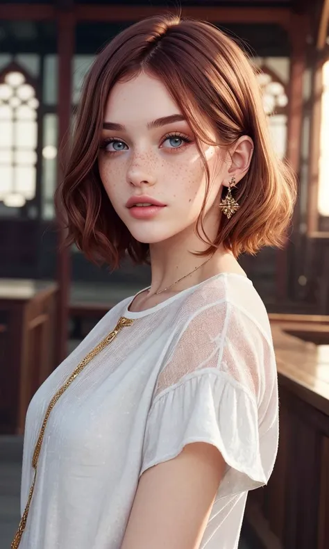 lbobh2024, 1 girl, best quality, masterpiece, photorealistic, raw image. cinematic lighting, long bob hairstyle, ginger hair, Irish girl, pale skin, freckles, hazel eyes,