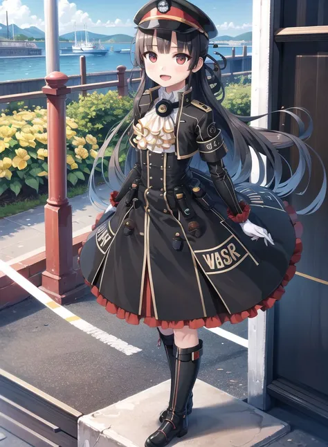 1girl,masterclass,best quality, illustration, outdoors,city,full_body, 8620Default, armband, black_headwear, black_footwear,knee_boots, black_skirt, cropped_jacket, standing, hair_rings, half_updo,long_sleeves,black_jacket, high-waist_skirt, peaked_cap, suspender_skirt, white_ascot, white_gloves, open_jacket, hair_stick <lora:8620_D8_V2_e6>