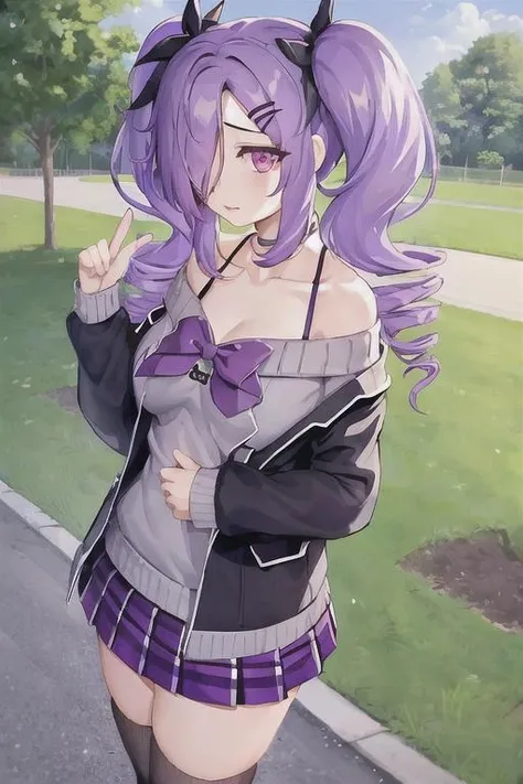 <lora:genericaV1.2:.65>, generica, 1girl, solo, skirt, purple hair, hair over one eye, purple eyes, long hair, twintails, drill hair, off-shoulder_sweater, outdoors, park,