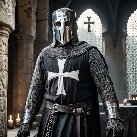 masterpiece, male templar, wearing a black t3mpl4rtunic with white cross on it, chainmail, accent lighting, 8K, uhd, dslr, film grain, insane details, detailed skin, skin imperfections, award-winning photo, <lora:templarclothesxl:0.65>