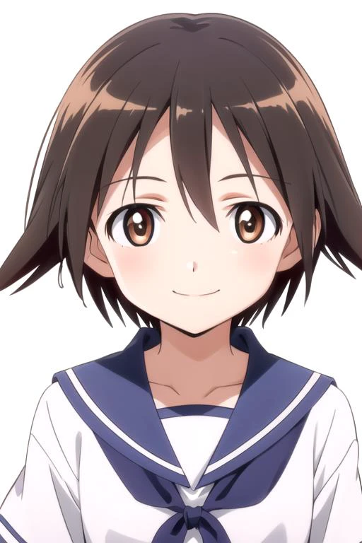 solo, 1girl, looking at viewer, 2D, anime, anime coloring, upper body, (simple background, solid white background:1.3), <lora:yoshika-strikewitches:0.8>, yoshika miyafuji, school uniform, smile