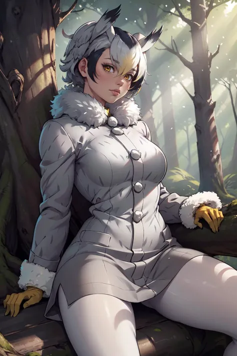 (masterpiece, best quality, 4k, aesthetic, detailed, intricate),forest,dappled sunlight,1girl, profkonoha, head wings, tail,grey coat, fur collar, long sleeves, yellow gloves, white pantyhose <lora:kemonofriends_konoha:0.8>