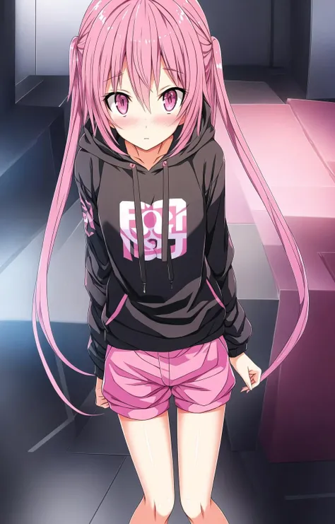 1girl,pink hair,black hoodie,pink eyes,pants