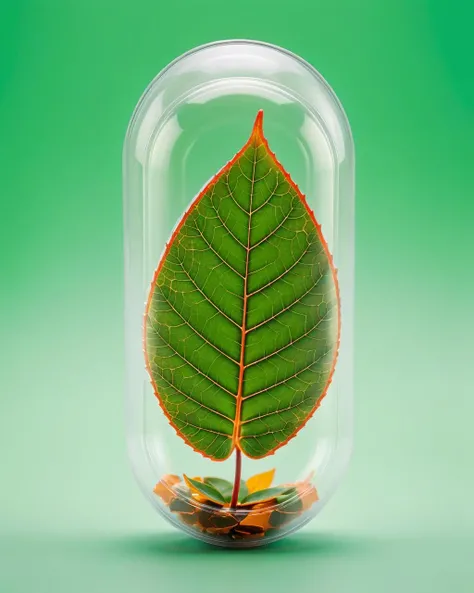 product shot of a Leaves inside a plastic capsule <lora:product_shot_of:0.4>