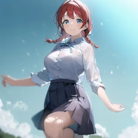 (Cute Smile、Black short bob、Cute orange hair clip)、((Clothed Big Tits、A white blouse clinging tightly to a sky-blue bra.))、((Light blue flared skirt、Pure white cute underwear))、barefoot、barefoot、((Sandy beach, sea and blue sky))、((The face is in focus and the background is blurred、Shallow depth of field))、Realistic、Standing posture、((Moderately large breasts、Closer valley、Pie Slash))、(A bright red long coat over a blouse、Spread a long coat with both hands)