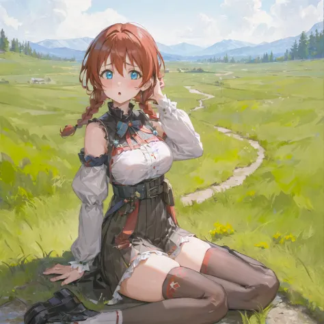 (((masterpiece))), ((best quality)), ultra high res, detailed,
<lora:emmaverde:0.9>
1 girl, blue eyes, red hair, twin braids,