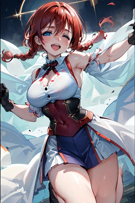 1 girl,solo,smile,open mouth ,blue eyes, red hair, twin braids,(huge breasts), (masterpiece:1.4),(best quality:1.4),(shiny skin) ,(thick leg) , abs, depth of field, (beautiful eyes,best detailed,16K:1.2) ,ultra detailed , happy, dynamic angle, cinematic lighting, dynamic pose, (gloves), stage, singing, closed eyes,