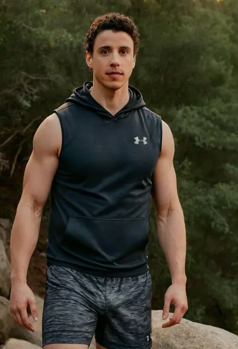 photo of michael trevino a man <lora:Adam-Dimarco_Michael-Trevino:1>, wearing a sleeveless well-fitted under armour hoodie and compression shorts, standing on a boulder, outdoor trail, 35mm photograph, film, bokeh, professional, 4k, highly detailed, creek in the background, natural lighting, golden hour