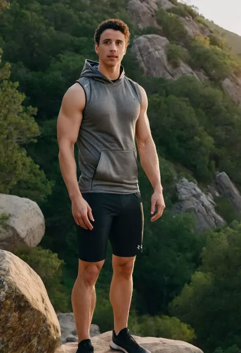 photo of michael trevino a man <lora:Adam-Dimarco_Michael-Trevino:1>, wearing a sleeveless well-fitted under armour hoodie and compression shorts, standing on a boulder, outdoor trail, 35mm photograph, film, bokeh, professional, 4k, highly detailed, creek in the background, natural lighting, golden hour