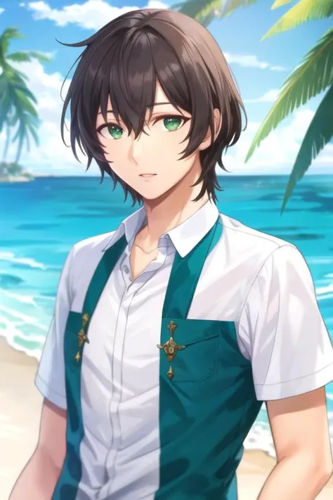 masterpiece, best quality, game cg, 1boy, solo, male focus, looking at viewer, upper body, depth of field, ligne claire, realistic, <lora:natsuo_fujii:0.76>, natsuo_fujii, black hair, green eyes, clown costume, Atlantis: A lost city of great wisdom and power, now drowned beneath the sea, Blu-ray