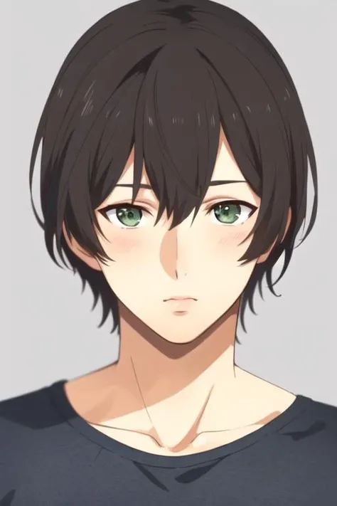 masterpiece, best quality, illustration, 1boy, solo, male focus, looking at viewer, upper body, , , realistic, <lora:natsuo_fujii:0.84>, natsuo_fujii, black hair, green eyes, , , ,