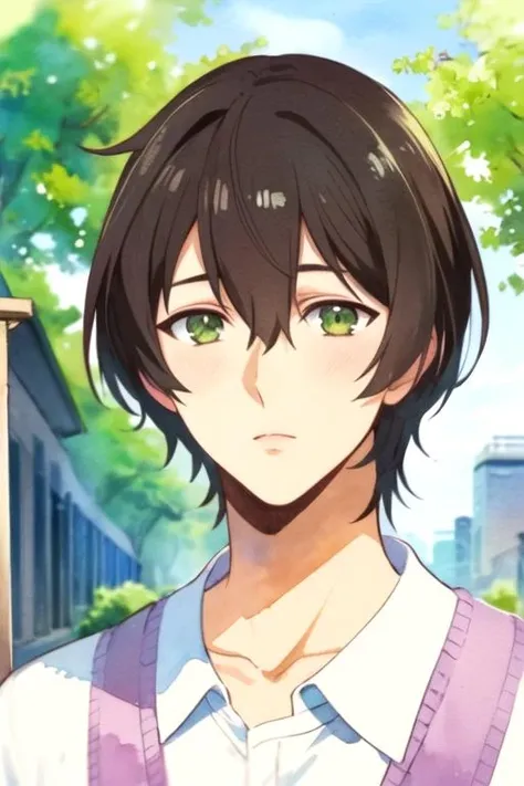 masterpiece, best quality, movie still, 1boy, solo, male focus, looking at viewer, , , (watercolor illustration, soft pastel colors:1.1), , <lora:natsuo_fujii:0.98>, natsuo_fujii, black hair, green eyes, , nuclear powerplant, 12k resolution
