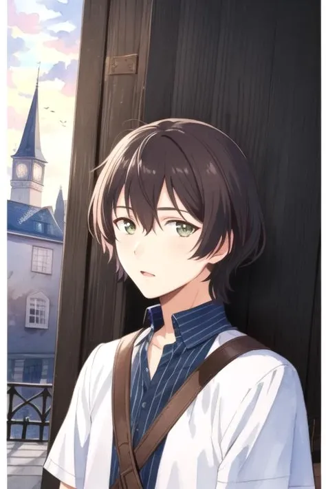 masterpiece, best quality, illustration, 1boy, solo, male focus, looking at viewer, upper body, depth of field, (watercolor illustration, soft pastel colors:1.1), , <lora:natsuo_fujii:0.82>, natsuo_fujii, , , The Tower of Oblivion: A stronghold where forgotten secrets and dark magic are hidden,