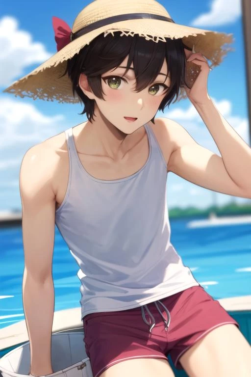 masterpiece, best quality, sketch, 1boy, solo, male focus, looking at viewer, , depth of field, ligne claire, , <lora:natsuo_fujii:0.74>, natsuo_fujii, , swim trunks, bucket hat, atompunk, 8k resolution