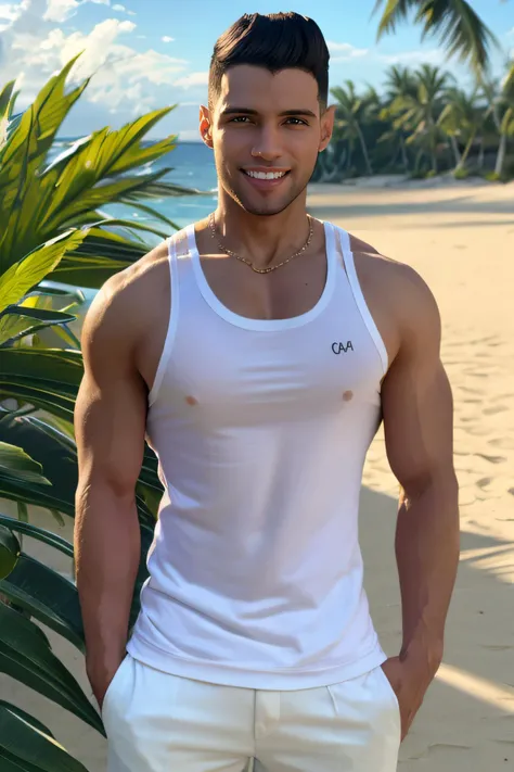 ((best quality)), ((masterpiece)), ((realistic)), ((detailed)), absurdres, marcomedina person, <lora:marcomedina_6020:1>, wearing G-unit Style Cotton Tank Top Square Cut, (slender body:1.2), looking at camera, smiling, sexy expression, beach, sea, sunny day, tropical, good lighting, ultra realistic, unity 8k wallpaper, golden ratio, Intricate, High Detail, film photography, soft focus, sweating