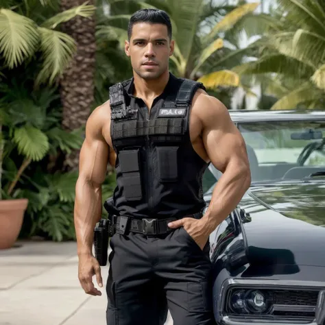 best quality, masterpiece, full body shot, marcomedina person , standing, swat vest, swat uniform, shirtless, 8k UHD, realistic skin, high definition, cinematic, scene, CANON REBEL EOS, soft lighting, perfect lighting <lora:marcomedina_6020:1>