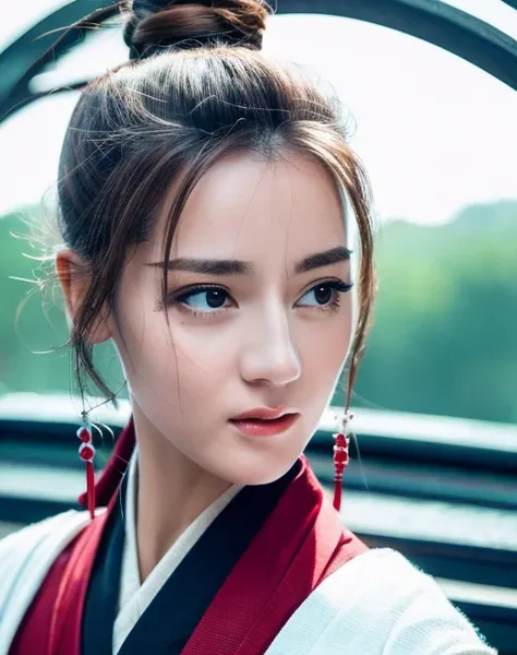 best quality ,masterpiece, illustration, an extremely delicate and beautiful, extremely detailed ,CG ,unity ,8k wallpaper, Amazing, finely detail, official art,8k wallpaper,absurdres, incredibly absurdres, field, demeanor of a heroic woman, ultra-detailed,beautiful detailed girl, extremely detailed eyes and face,hair bun,(Hanfu:1.2),(half body shot),