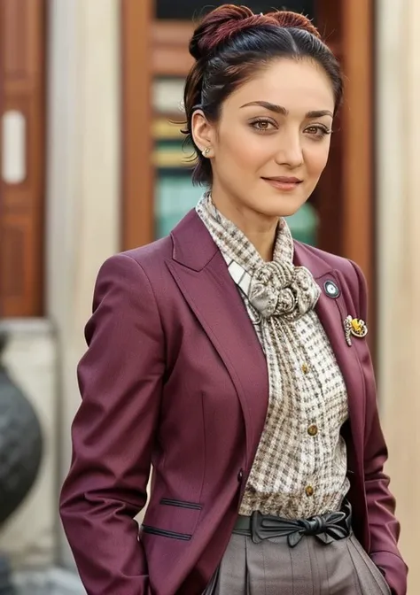 (foxy),eyebrow gel,excited basak_koklukaya in (suit with brooch,comic book character costume),(standing:1.2),intricate detail,(multi-tied hair,short hair:1.2),(scrunchie:1.2),(covering mouth:1.2),in (Seoul, Korea,islamic architecture:1.2),afternoon,(skin details:1.2),(skin pores:1.2),art by (Emery Hawkins),Yashica T4 Camera,trending on Getty Images,High resolution,
<lora:more_details:0.8>,<lora:epiCRealismHelper:1>,<lora:basak_koklukaya-000008:0.8>,