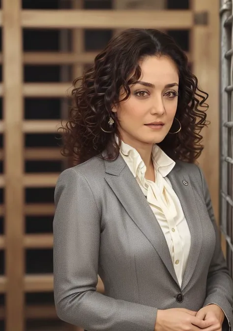 portrait photo, rule of thirds, dramatic lighting, medium hair, detailed face, detailed nose, brazilian woman wearing business shirt, smirk, white background studio,realism,realistic,raw,analog,woman,portrait,photorealistic,analog,realism