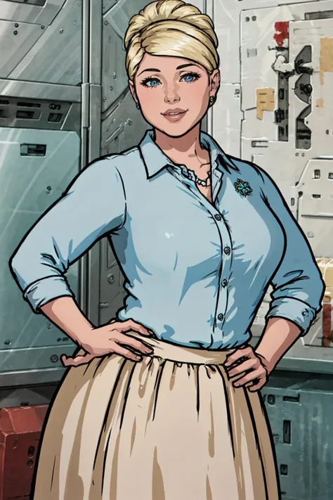 pama, 1girl, jewelry, blonde hair, solo,plump, single hair bun,breasts, lips, blue eyes, looking at viewer, shirt,skirt,looking at viewer, smile,hand on hip, <lora:Pam(archer)1.0:0.8>