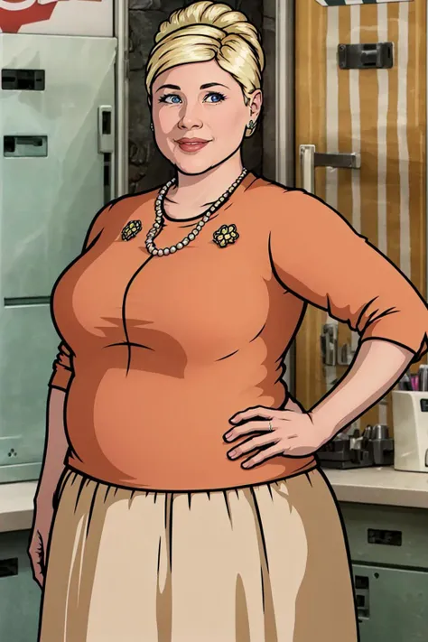 pama, 1girl, jewelry, blonde hair, solo,plump, single hair bun,breasts, lips, blue eyes, looking at viewer, shirt,skirt,looking at viewer, smile,hand on hip, <lora:Pam(archer)1.0:0.8>
