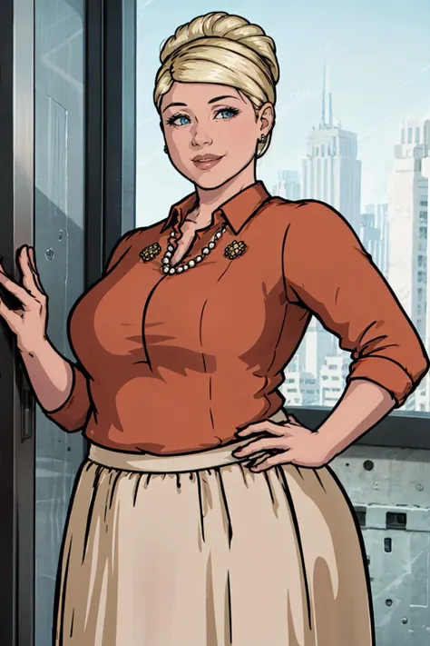 pama, 1girl, jewelry, blonde hair, solo,plump, single hair bun,breasts, lips, blue eyes, looking at viewer, shirt,skirt,looking at viewer, smile,hand on hip, <lora:Pam(archer)1.0:0.8>