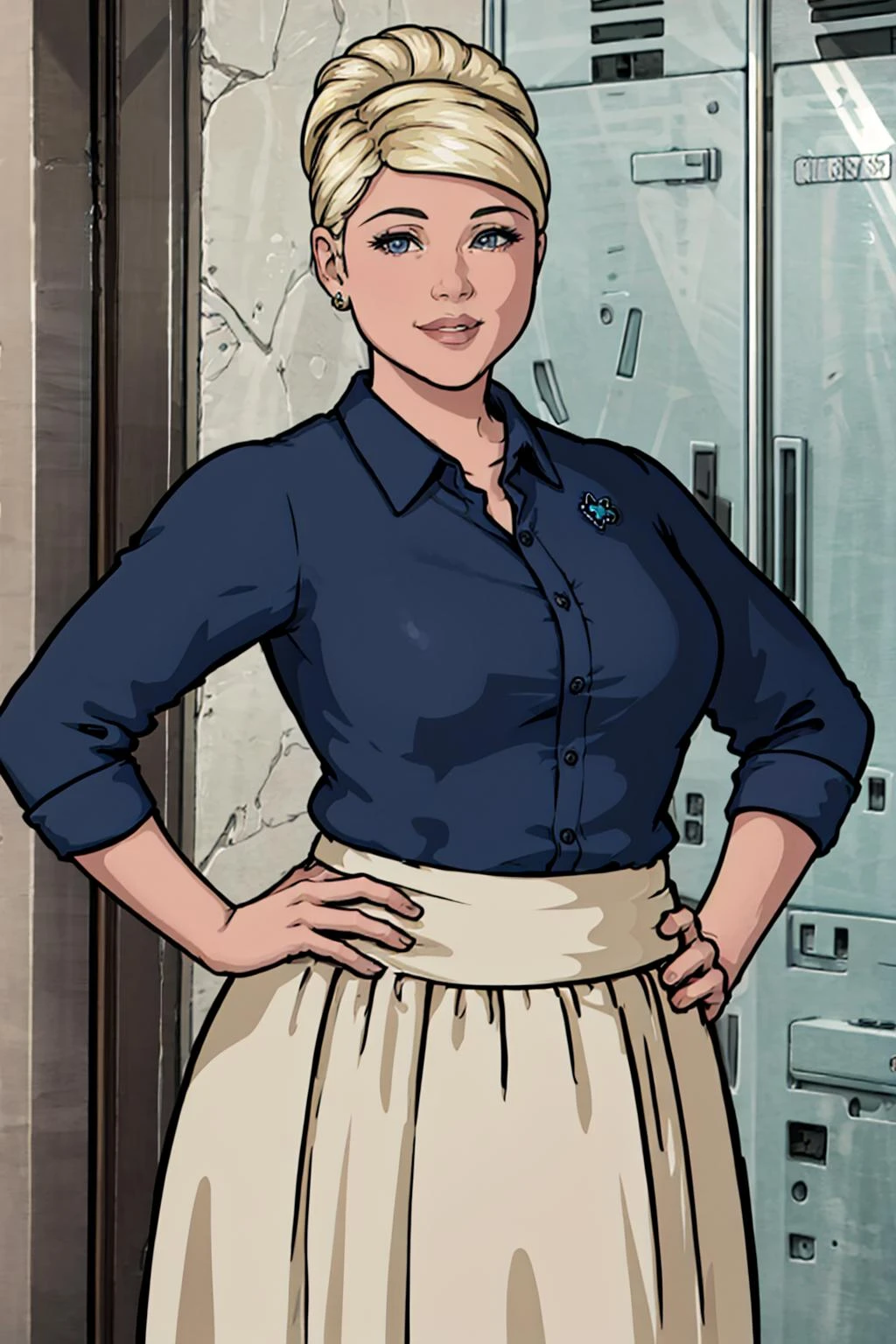 pama, 1girl, jewelry, blonde hair, solo,plump, single hair bun,breasts, lips, blue eyes, looking at viewer, shirt,skirt,looking at viewer, smile,hand on hip, <lora:Pam(archer)1.0:0.8>
