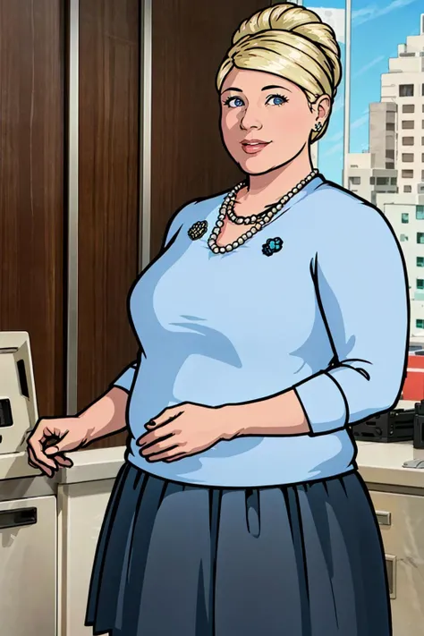 pama, 1girl, jewelry, blonde hair, solo,plump, single hair bun,breasts, lips, blue eyes, looking at viewer, shirt,skirt,looking at viewer, smile, <lora:Pam(archer)1.0:0.8>